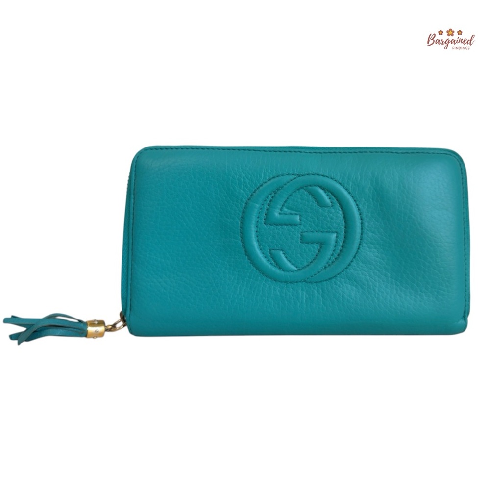 Authentic GUCCI Turquoise Pebbled Leather Soho Interlocking G Large Zippy Wallet